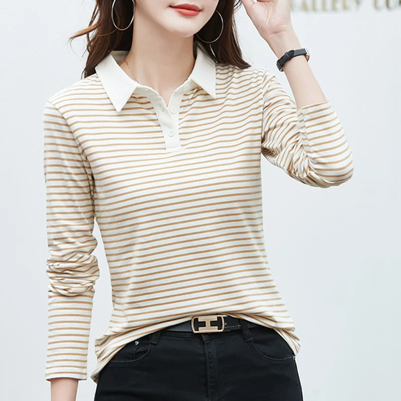 S13a55ca0bfed494fb80dc42d3a3a53b79.webp Korean Style Long Sleeve Polo Shirt Women Cotton Stretch Fashion Autumn Elegant Knitted Polo For Women Striped T-shirt