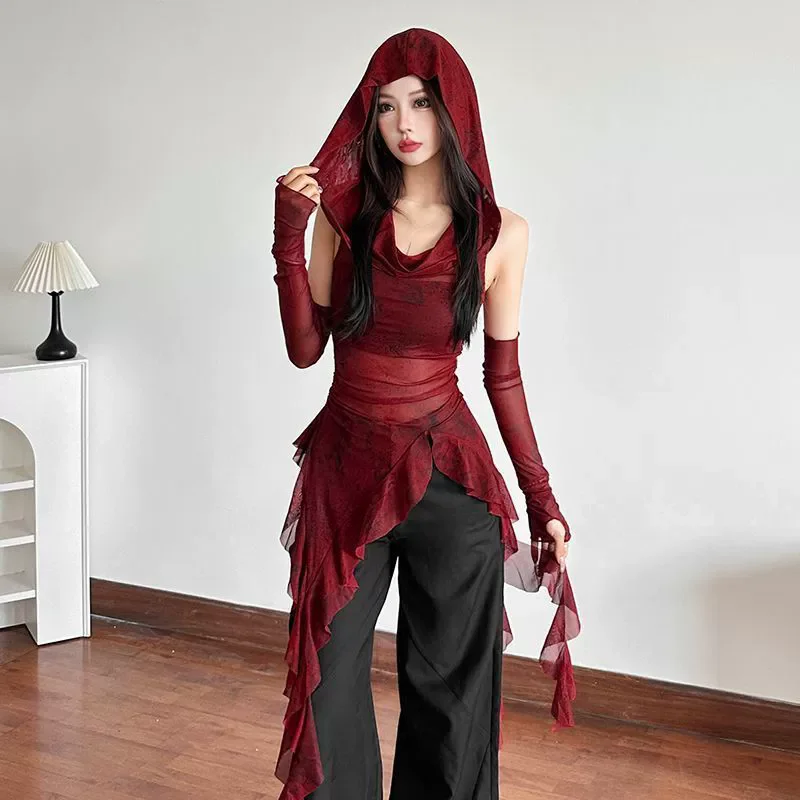 Ruffle Long Sleeve Sexy T-Shirts Fashion Women Y2K Irregular Asymmetrical Korean Crop Tops Casual Sheer Mesh Autumn Chic Tees