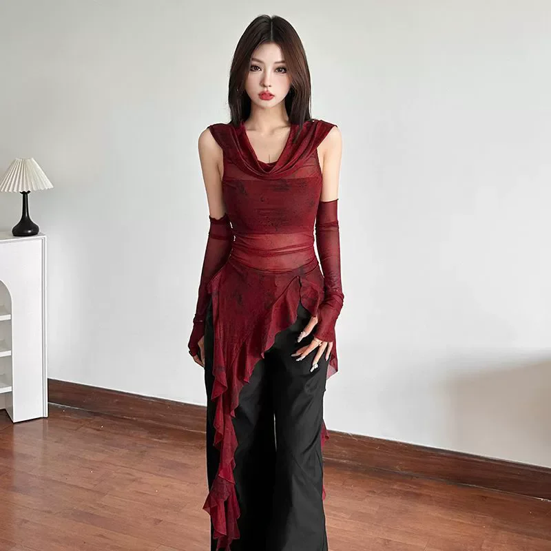 Ruffle Long Sleeve Sexy T-Shirts Fashion Women Y2K Irregular Asymmetrical Korean Crop Tops Casual Sheer Mesh Autumn Chic Tees