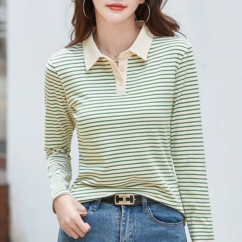 S36d29ab2716e42e8bb36f69d8953e4234.webp Korean Style Long Sleeve Polo Shirt Women Cotton Stretch Fashion Autumn Elegant Knitted Polo For Women Striped T-shirt
