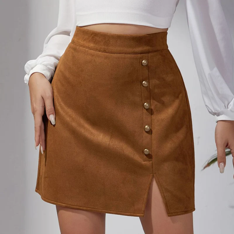 S3b92f97ab69a414e943ee2eaaed7fbe7B.webp American Metal Button Detor Skirts Women Autumn Winter Sexy Slim Split Mini Skirt Woman Zipper Up Faux Suede Skirts Ladies