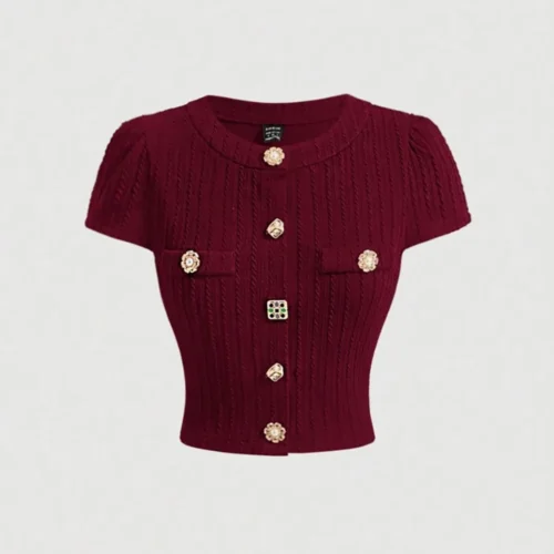 S426f3b63350a4087977fbb65c145c50f5.webp 2026 New European & American Retro Elegant Burgundy Knit Cardigan - Short-Sleeve Slim Top, Versatile for Daily Outings