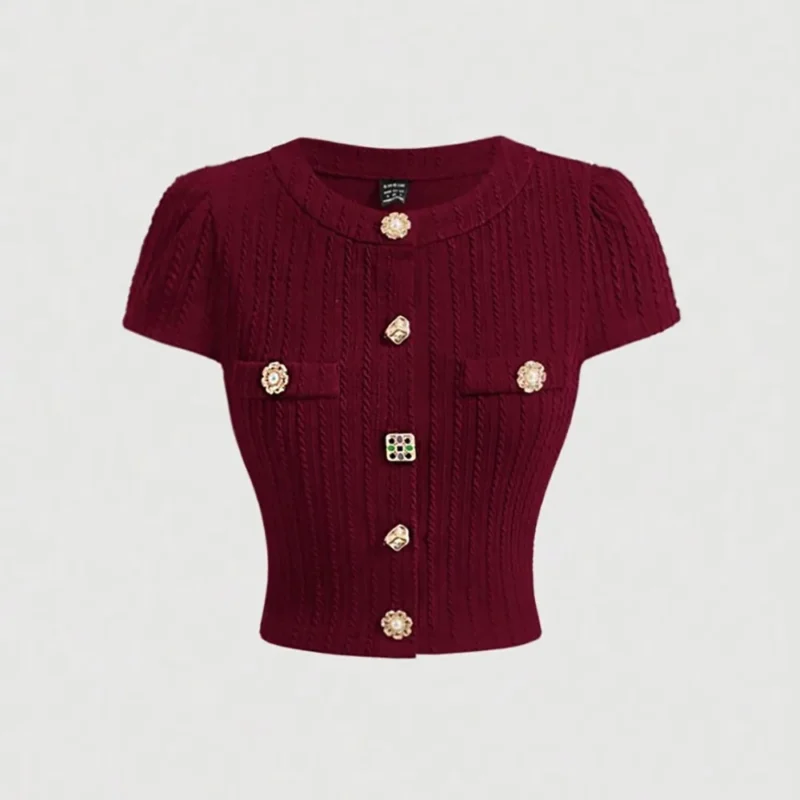 2026 New European & American Retro Elegant Burgundy Knit Cardigan - Short-Sleeve Slim Top, Versatile for Daily Outings