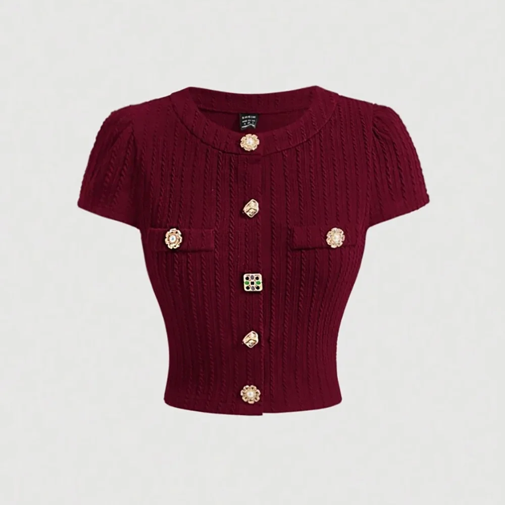 S426f3b63350a4087977fbb65c145c50f5.webp 2026 New European & American Retro Elegant Burgundy Knit Cardigan - Short-Sleeve Slim Top, Versatile for Daily Outings