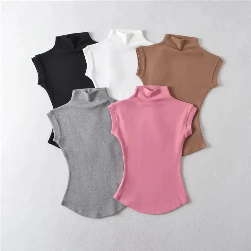 Women Summer Sexy Turtleneck Sleeveless T-Shirts Tops Solid Slim Pullovers Female Plus Size Causal Basics Tees Shirts 2026 Y2K