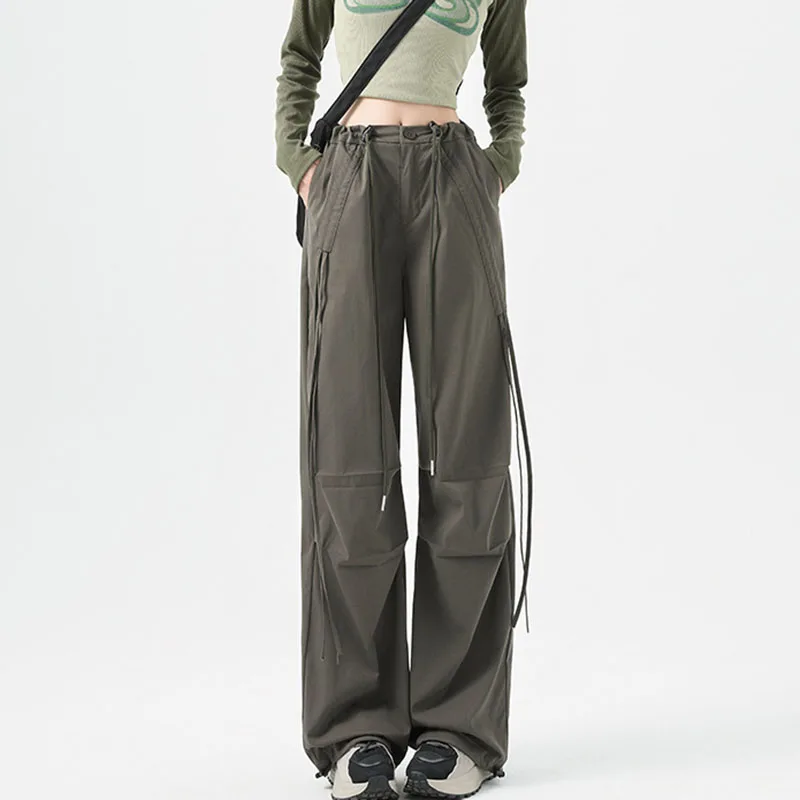Y2K Harajuku Retro Parachute Pants Women Streetwear Personality Drawstring Cargo Pants Oversize Baggy Wide Leg Joggers Trousers