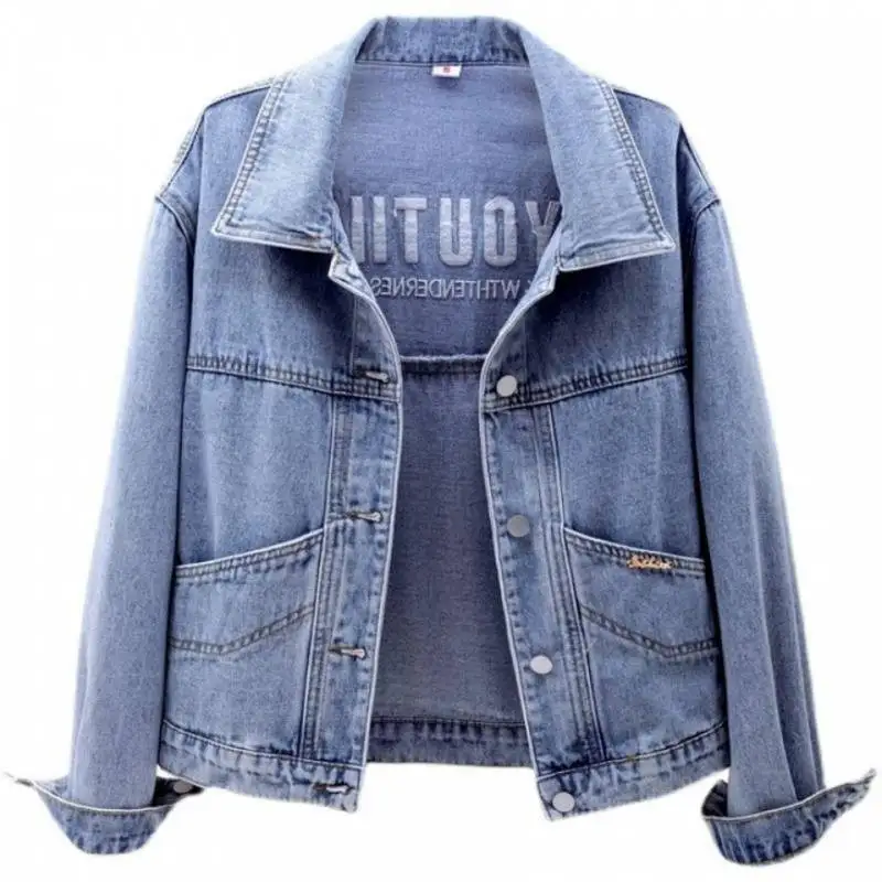 Denim Coats Women Short Coat Single Breasted Casual Embroidery Turn Down Collar Y2k Streetwear Jackets Work Slim Fit Spring
