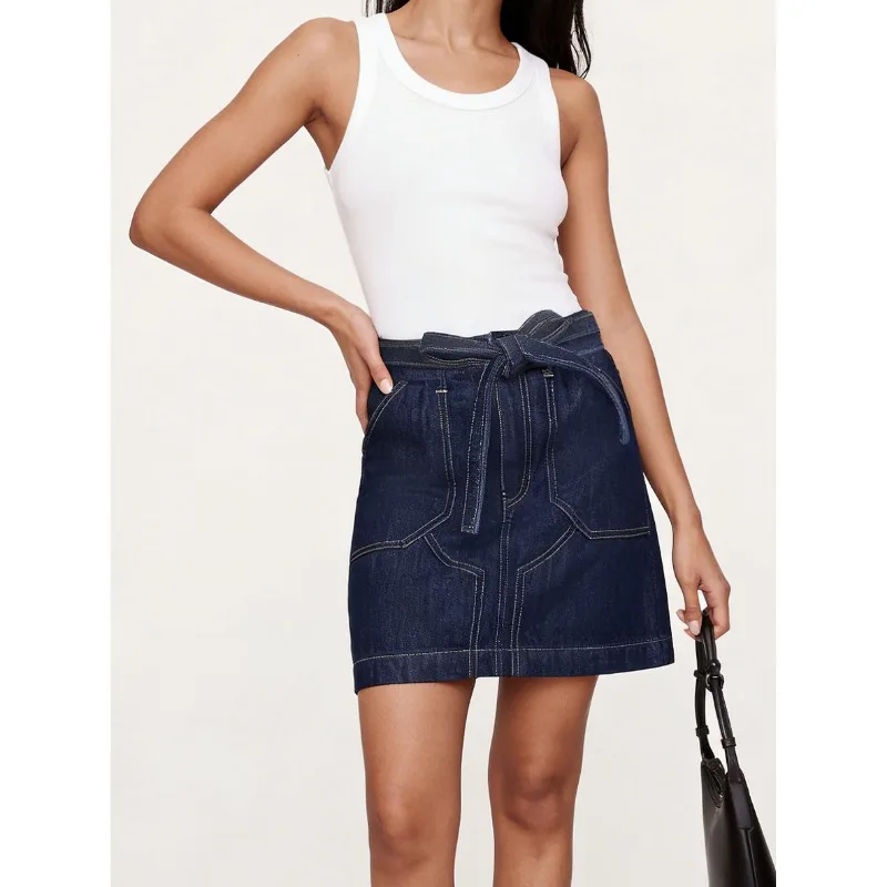 Women's Spring Summer Vintage Denim Mini Skirt Non-Stretch High Waist Belted Casual Streetwear Korean Y2K Fashion A-Line Skirt