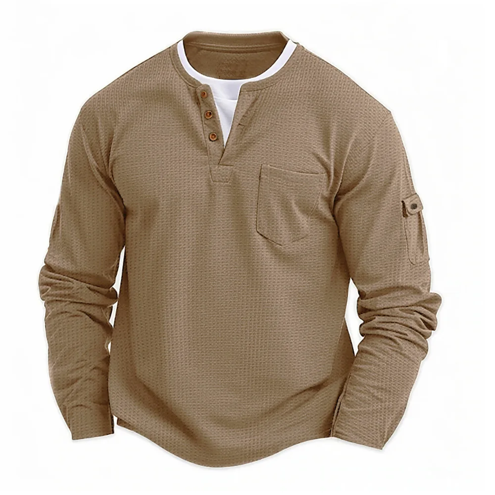 S67fc57548e5f4e8ca33ac90dbf76fd04g.webp Men's New Button Henley neck Shirt Long Sleeve Casual Button Solid color T-Shirt Fashion Waffle Cotton Fake two-piece T-Shirt