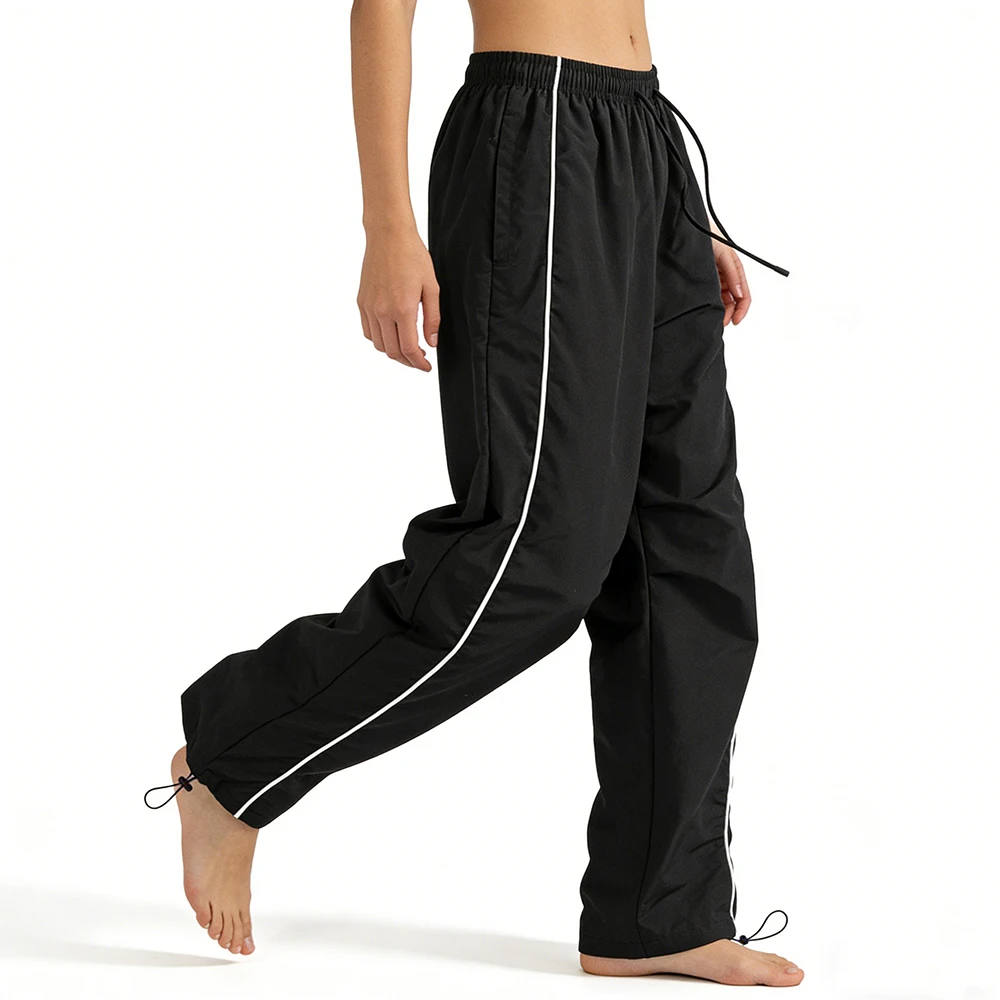 S6806c787e86c420c9a969e11f23335f9B.webp Men's Black Baggy Track Pants White Side Stripe Adjustable Hem Drawstring Four Seasons Outdoor Recreation Trekking Gym Training