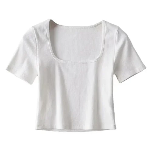 Women Square Neck Rib Crop T-shirt Short Sleeve Crop Top