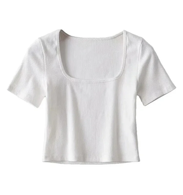Women Square Neck Rib Crop T-shirt Short Sleeve Crop Top