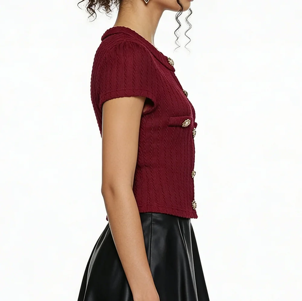 S764dac37bcae4d9d833098e8dfc20f6fO.webp 2026 New European & American Retro Elegant Burgundy Knit Cardigan - Short-Sleeve Slim Top, Versatile for Daily Outings