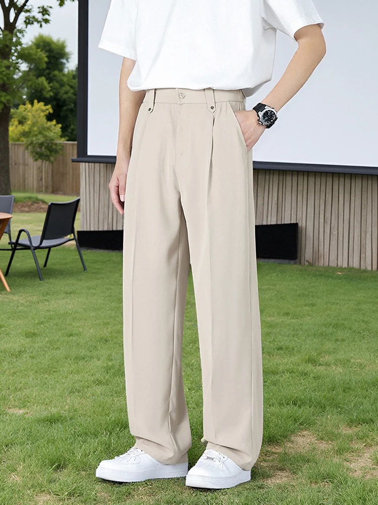 S7cfffeb7ec04491a917d81a49c1dd69c2.webp Men's Summer Casual Pants Korean Fashion Banding Waist Light and Thin Straight Slacks Basic Commute Suit Pants
