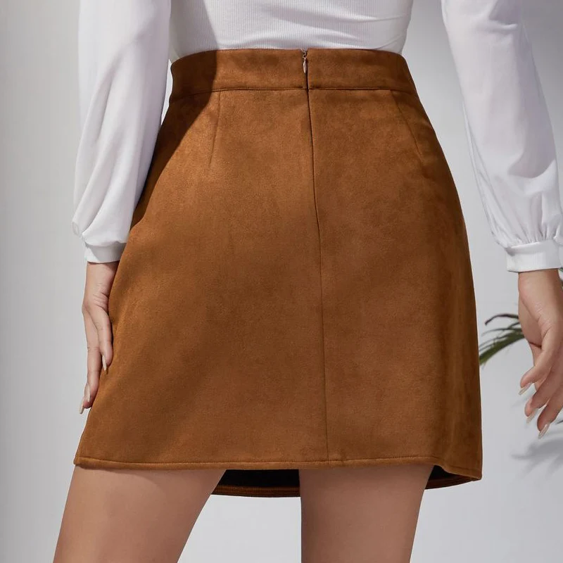 S7d71e037e1d84e3ca21c568eea5a5b8b0.webp American Metal Button Detor Skirts Women Autumn Winter Sexy Slim Split Mini Skirt Woman Zipper Up Faux Suede Skirts Ladies