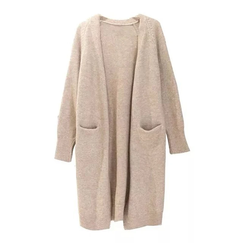 Women Solid Color Loose Thick Warm Sweater Cardigan Pocket Ladies Spring Autumn V Neck Knitted Coat Female Casual Tops