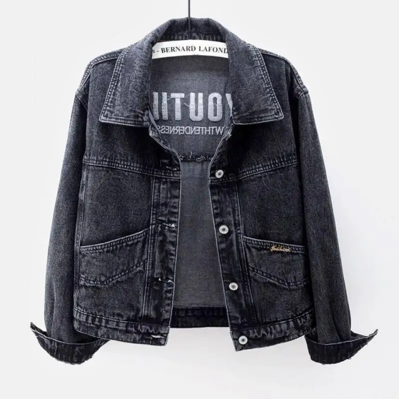 Denim Coats Women Short Coat Single Breasted Casual Embroidery Turn Down Collar Y2k Streetwear Jackets Work Slim Fit Spring