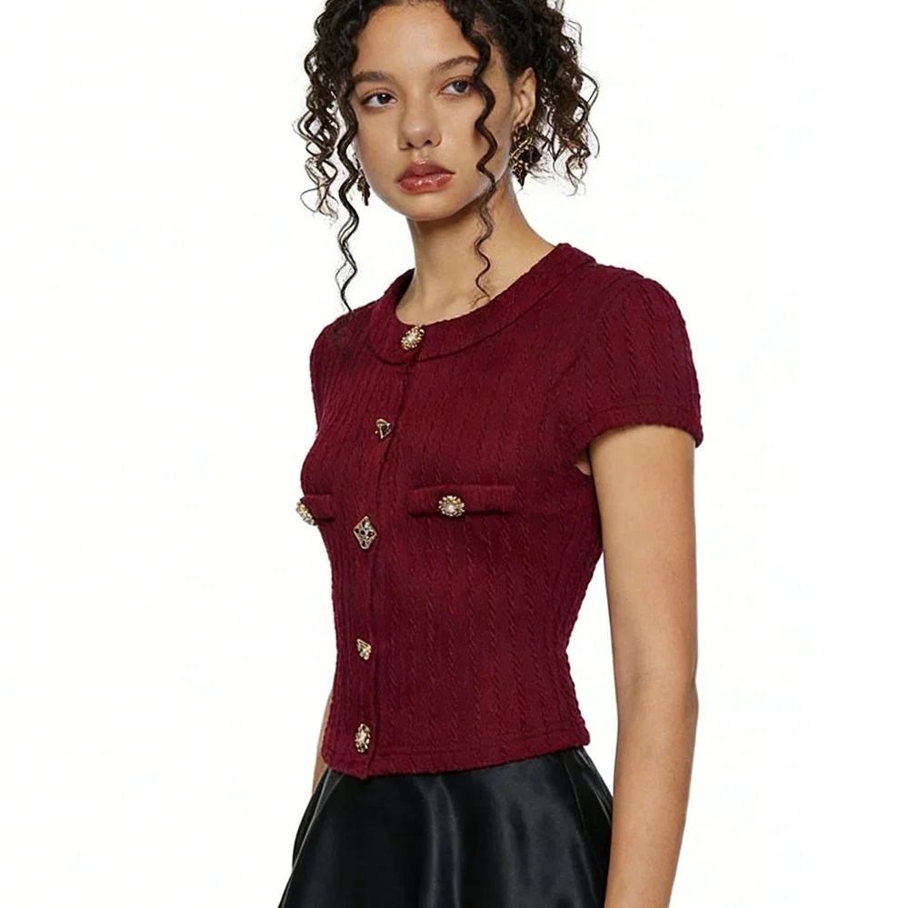 S81c2bede376948d5b5fdecd438af03d6Z.webp 2026 New European & American Retro Elegant Burgundy Knit Cardigan - Short-Sleeve Slim Top, Versatile for Daily Outings