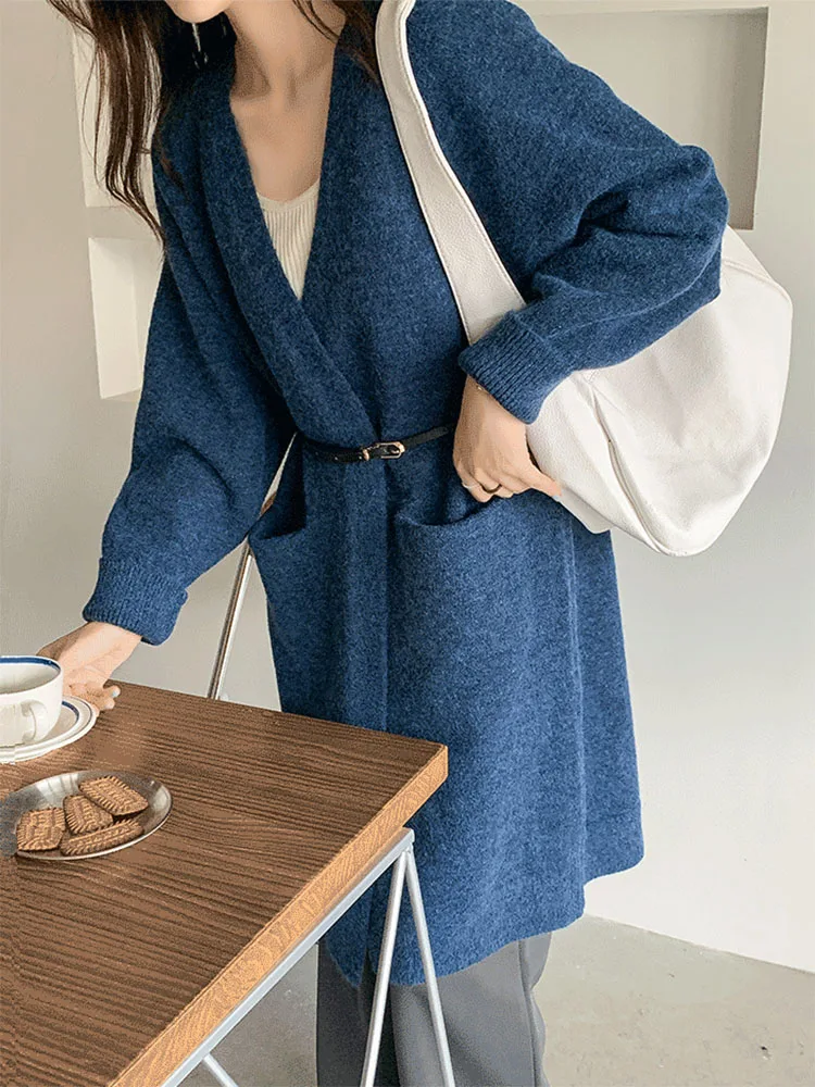 Women Solid Color Loose Thick Warm Sweater Cardigan Pocket Ladies Spring Autumn V Neck Knitted Coat Female Casual Tops