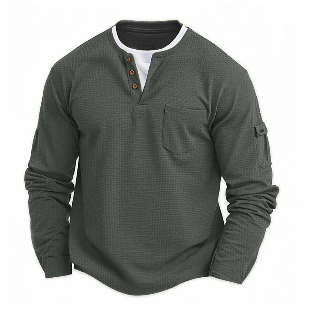 S894b647f190248959585985ccec9f0c9S.webp Men's New Button Henley neck Shirt Long Sleeve Casual Button Solid color T-Shirt Fashion Waffle Cotton Fake two-piece T-Shirt