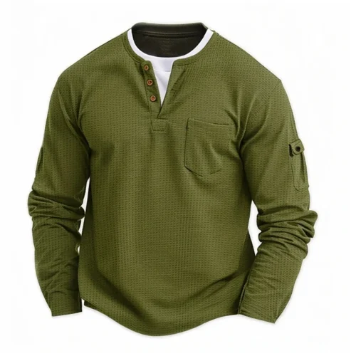 S8c5e74f58ae445a591cf37cdab82dae1N.webp Men's New Button Henley neck Shirt Long Sleeve Casual Button Solid color T-Shirt Fashion Waffle Cotton Fake two-piece T-Shirt
