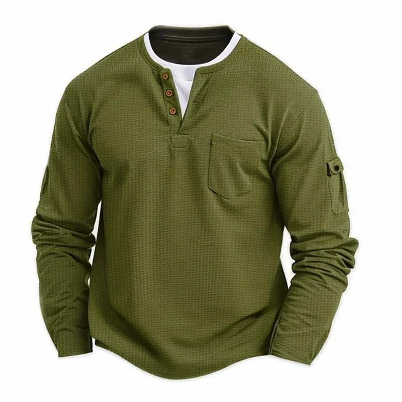 Men's New Button Henley neck Shirt Long Sleeve Casual Button Solid color T-Shirt Fashion Waffle Cotton Fake two-piece T-Shirt