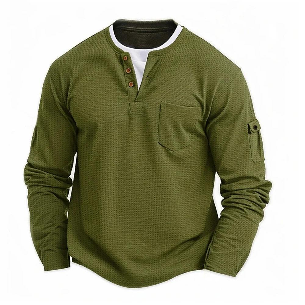 S8c5e74f58ae445a591cf37cdab82dae1N.webp Men's New Button Henley neck Shirt Long Sleeve Casual Button Solid color T-Shirt Fashion Waffle Cotton Fake two-piece T-Shirt