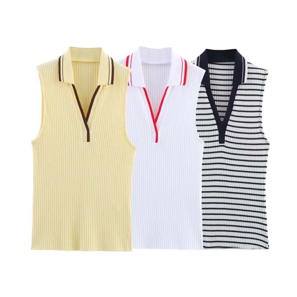S99219ffaaaed4ce3a6f14bffdea28fd06.webp Summer New Fashion Style Ribbed Sleeveless Polo Collar T-shirt Sports Style Polo Shirt Vest Top Women's Clothing