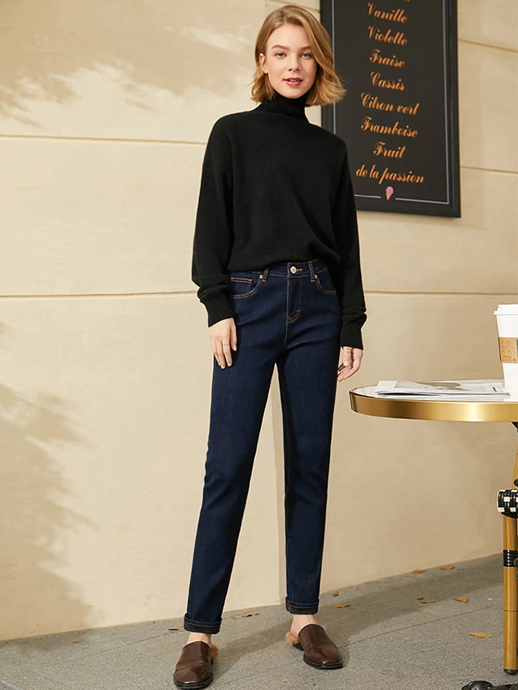 AMII Minimalism Jeans for Women 2025 Autumn Slim Feet Fashion Casual All-match Cotton Slight Strech Ankle-Length Pants