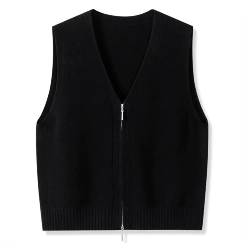 Women Knitwear Autumn Women Double Zipper V-neck Chic Simple Sleeveless Sweater Vest Out Wear Warm Gray Knitted Coat Cardigan