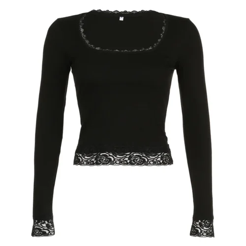 2000s Graphic T Shirt Vintage Fairy Grunge Women Autumn Lace Trim Long Sleeve Slim Fits Tops y2k Clothes Basic Harajuku Tees
