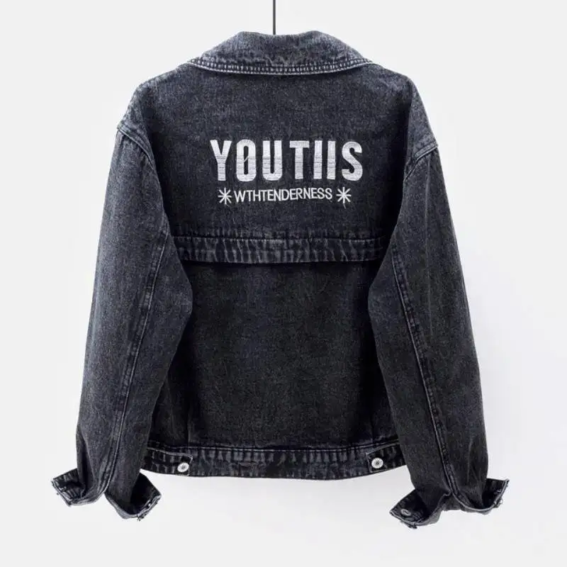 Denim Coats Women Short Coat Single Breasted Casual Embroidery Turn Down Collar Y2k Streetwear Jackets Work Slim Fit Spring