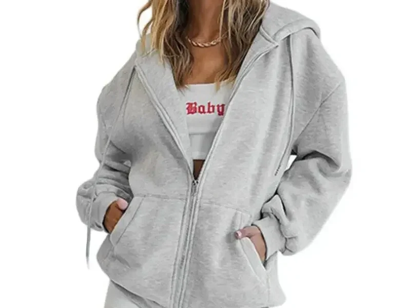 Fashion Gray Zip Up Sweatshirt Women Autumn Winter Jacket Clothes Hoodies Daily Pockets Long Sleeve Solid Versatile Lady Hoodies
