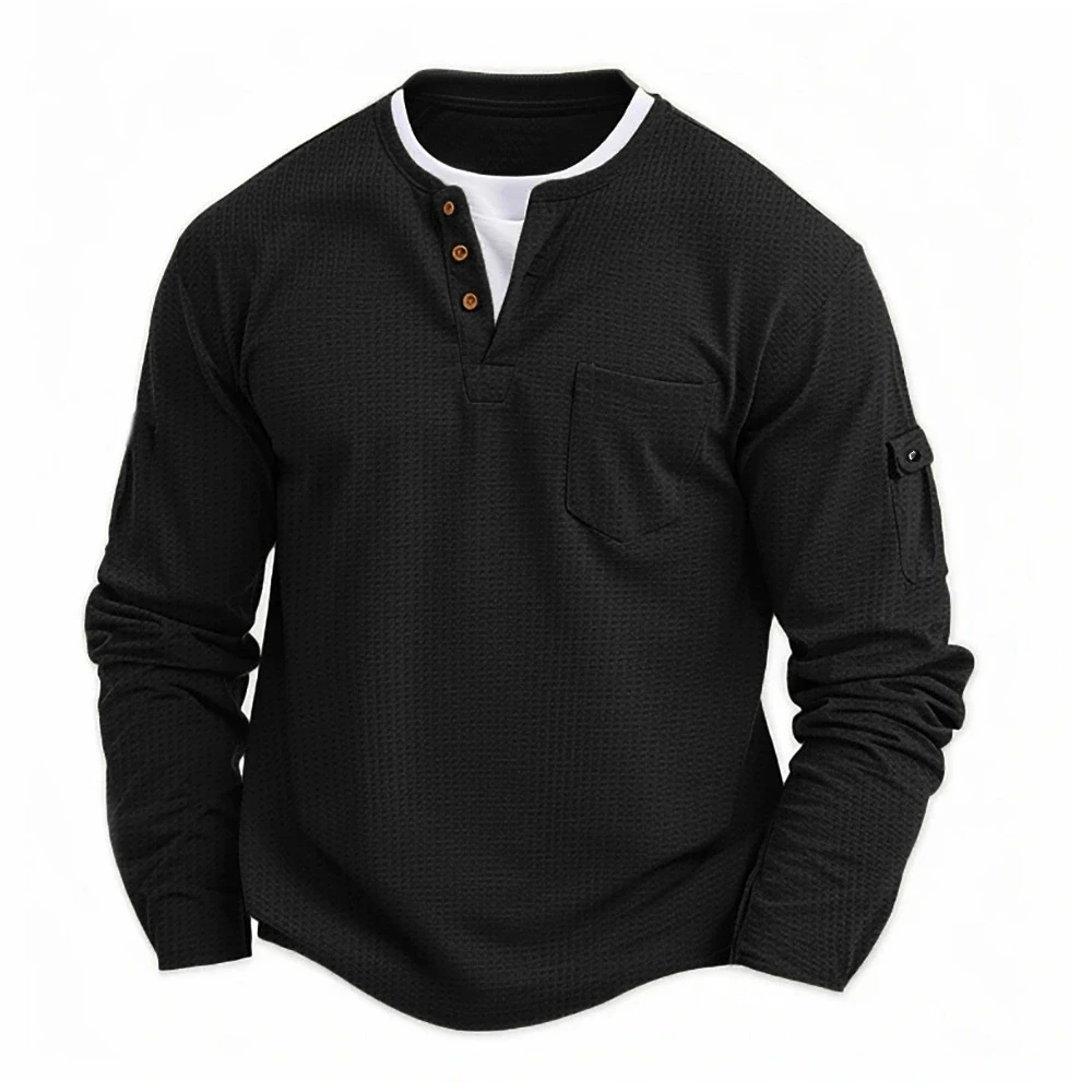 Sc5b88879c8d64ba39dfa467ae4e27297Z.webp Men's New Button Henley neck Shirt Long Sleeve Casual Button Solid color T-Shirt Fashion Waffle Cotton Fake two-piece T-Shirt