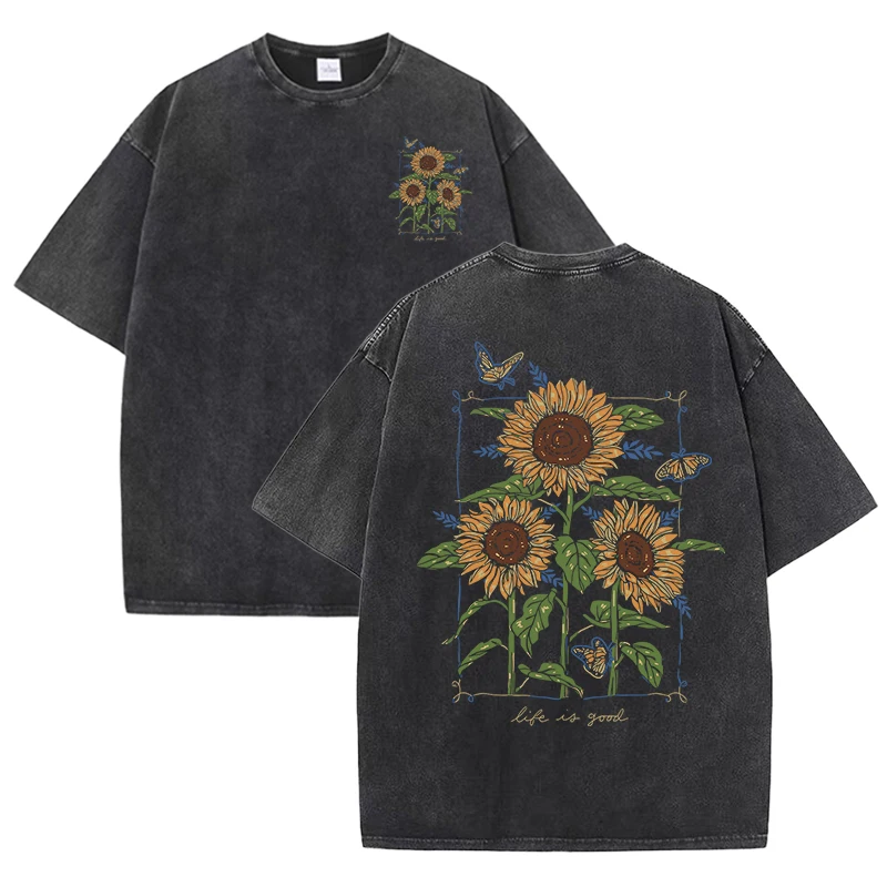 Lift Is Good Beautiful Sunflower Print Washed T Shirts Women Soft Cotton T-Shirt Street Creative Short Sleeve Summer Casual Tops