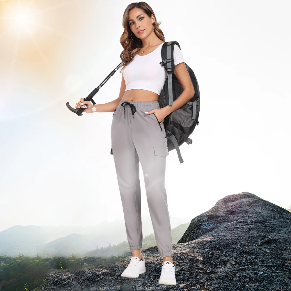 Hiking Pants for Women UPF 50+ Cargo Quick Dry Water Resistant Elastic Waist Zip Pockets，Travel work Lightweight Running