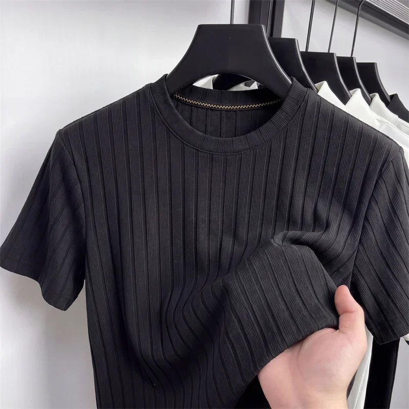 Men's Fashion Ribbed Knit T Shirt With Vertical Stripes Soft Elastic Fabric For Casual And Daily Use