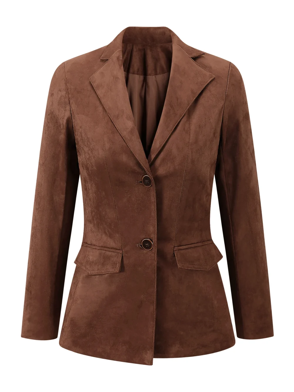Women's Elegant Vintage Faux Suede Leather Blazer, Brown Single-Breasted Slim Fit Jacket, Office Casual Outerwear for Ladies