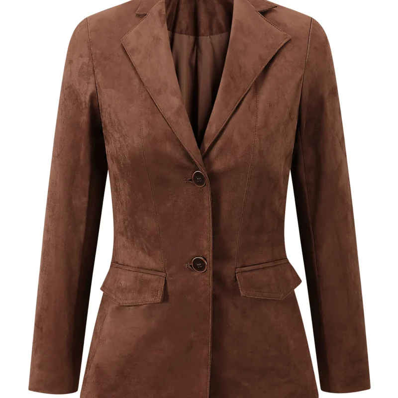 Women's Elegant Vintage Faux Suede Leather Blazer, Brown Single-Breasted Slim Fit Jacket, Office Casual Outerwear for Ladies