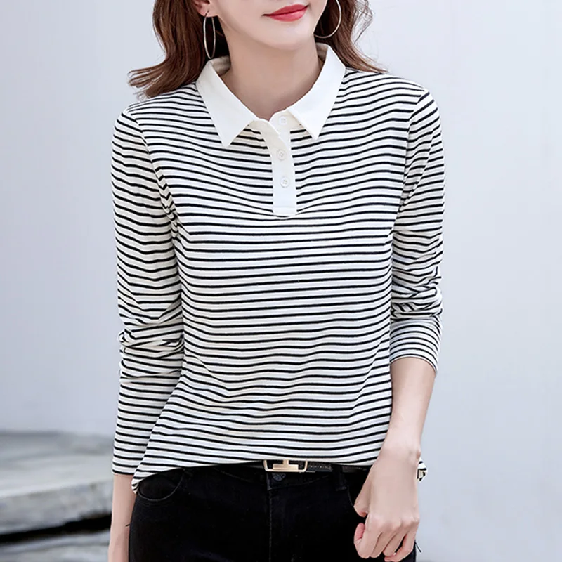 Sde972c509b964d68b29595c3465341f9K.webp Korean Style Long Sleeve Polo Shirt Women Cotton Stretch Fashion Autumn Elegant Knitted Polo For Women Striped T-shirt