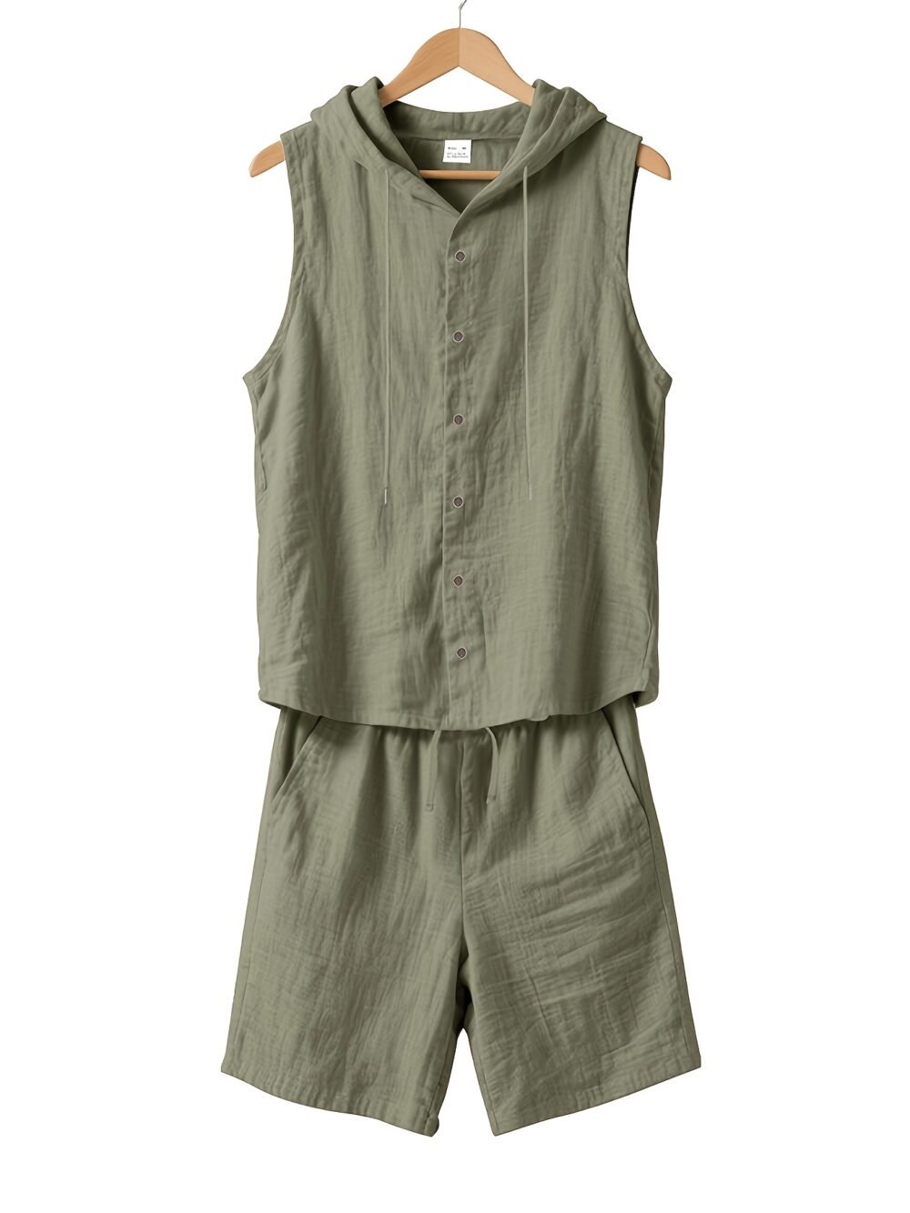 Men's Hooded Sleeveless Button-Up Shirt & Drawstring Shorts Linen 2-Piece Set