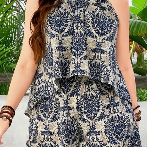 Women's Gentle Style Halter Neck Tank Top & Wide-Leg Shorts 2-Piece Set