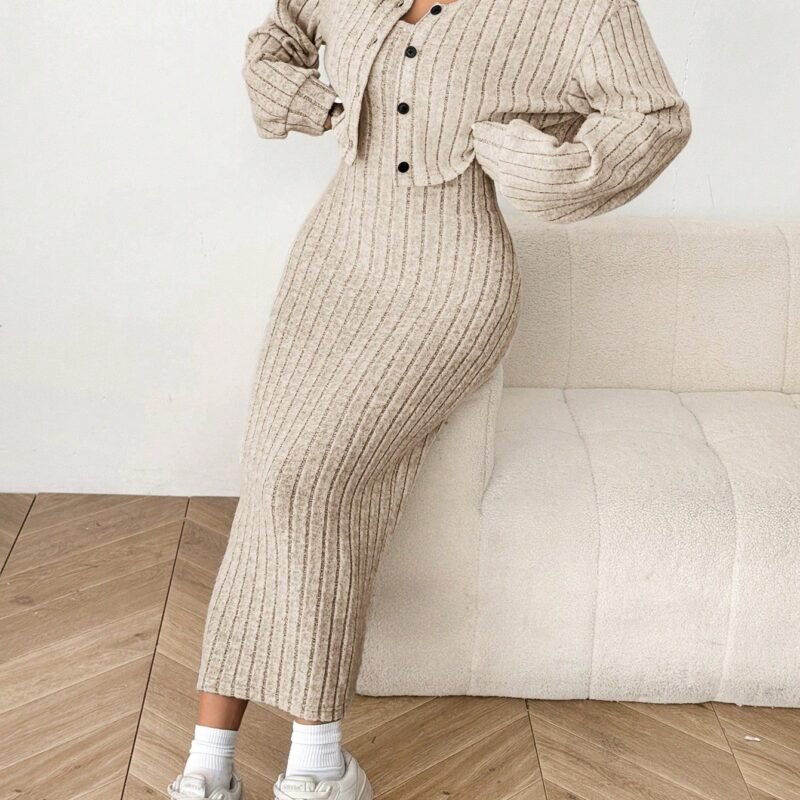 Autumn Cardigan Long Sleeve Short Top And Dress Set