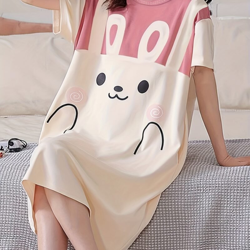 Women's Summer Cartoon Pink Rabbit Short Sleeve Nightgown