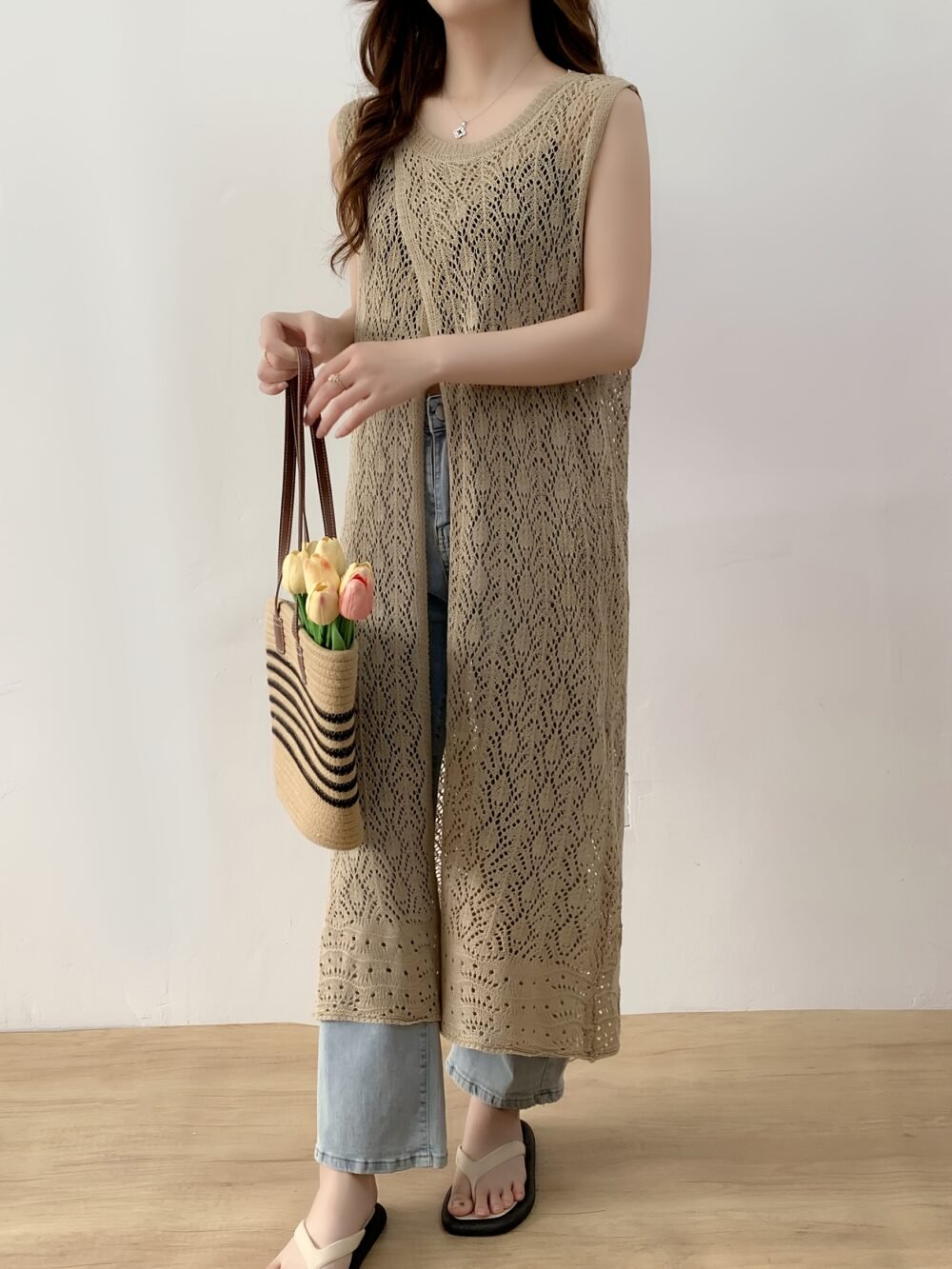 Women's Hollow Embroidery Hooded Cover-Up Vest Dress – Khaki