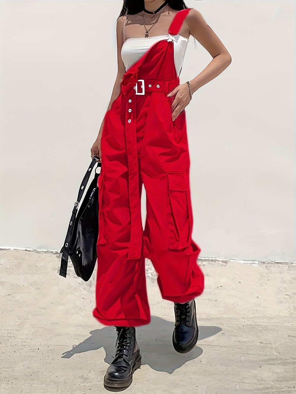 Women's Fashion Cargo Pants with Belt, Pockets & Suspender Details
