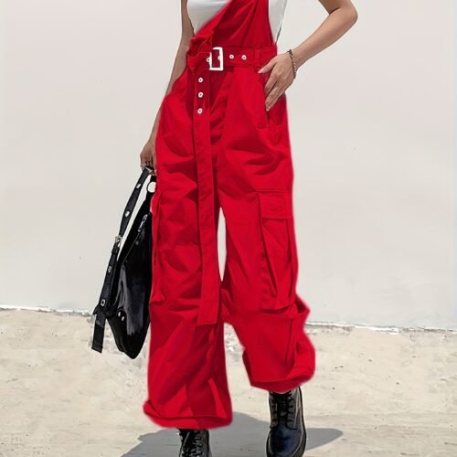 Women's Fashion Cargo Pants with Belt, Pockets & Suspender Details