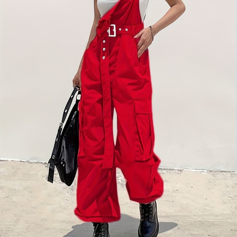 Women's Fashion Cargo Pants with Belt, Pockets & Suspender Details