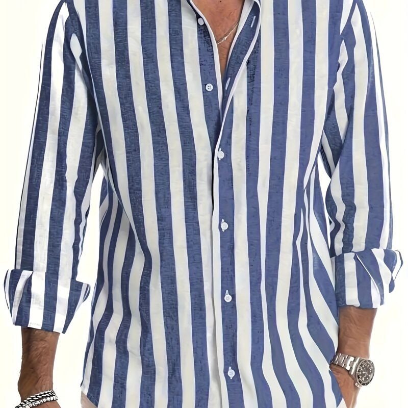 Men's Striped Summer Long Sleeve Button-Up Casual Collared Shirt