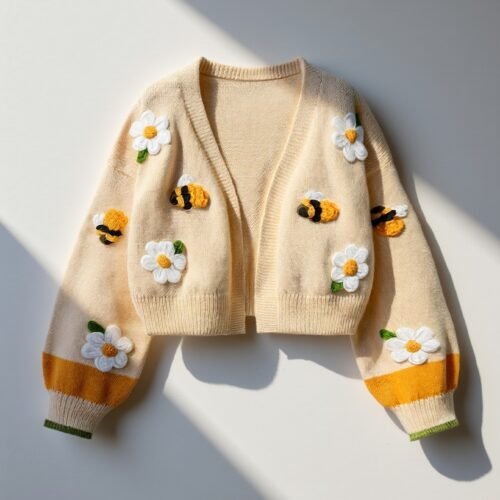 Women's Bee Flower Embroidered Cardigan Sweater Coat